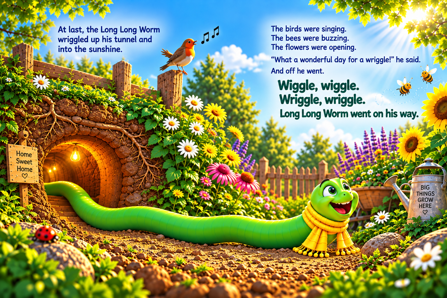Interior spread from The Long Long Worm showing the worm wriggling into a bright garden