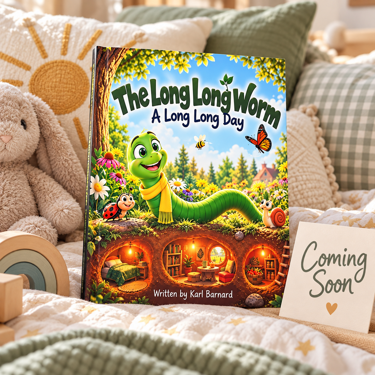 The Long Long Worm picture book on a cosy child’s bed beside a Coming Soon card