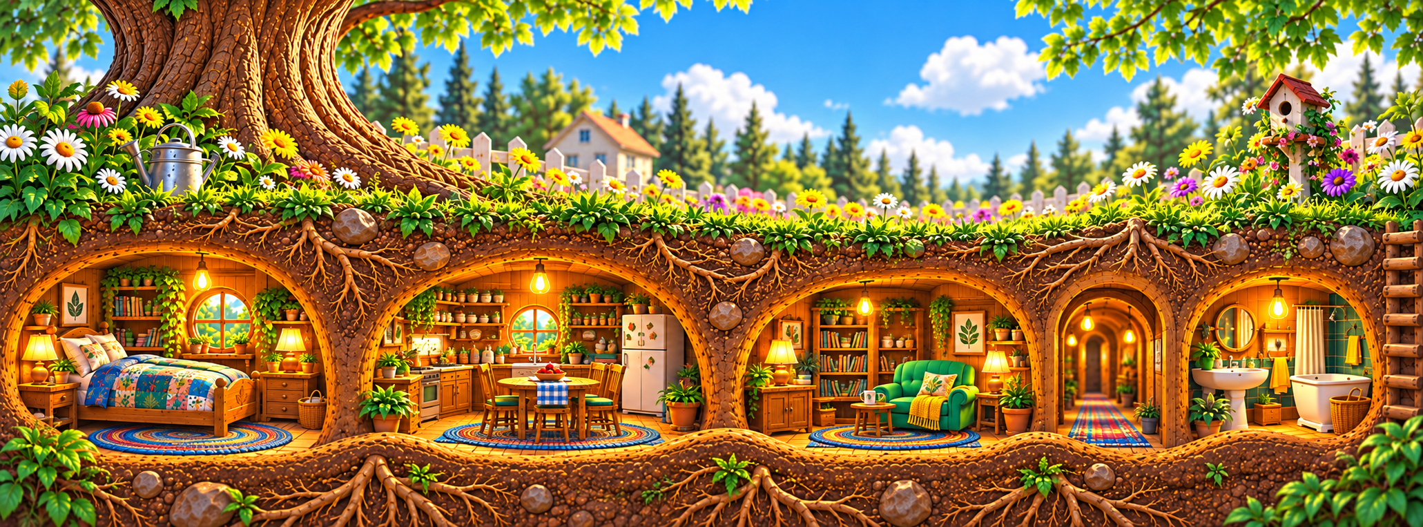 The Long Long Worm's cosy underground home beneath a sunny garden